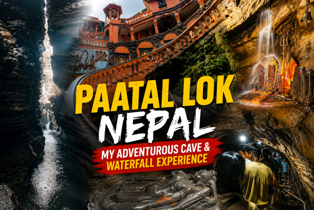 Exploring the mysterious caves and waterfall at Paatal Lok Nepal near Pokhara.