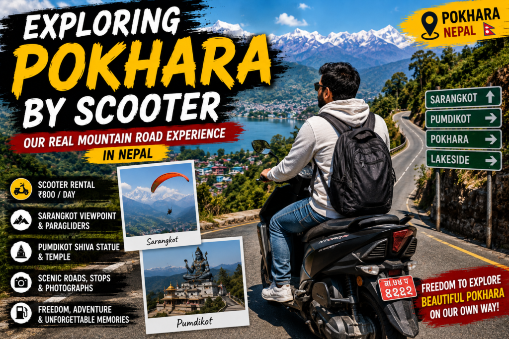 Exploring Pokhara by scooter on Nepal mountain roads