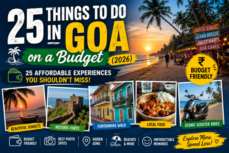 Explore Goa without overspending with these 25 affordable experiences, including beaches, forts, local food, scenic scooter rides, and hidden gems.